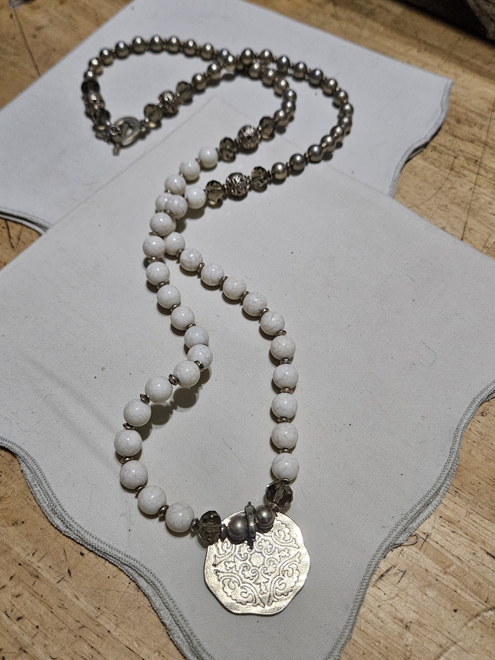 Premier Designs White Beaded Pendant Necklace with Antiqued Gold-tone Medallion
